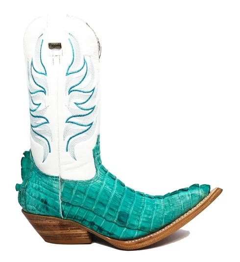 Bota Reizinho Premium De Couro De Jacaré Azul Ocean Rabo Limited Edition - Cano Alto, Bico Fino, Solado De Couro Artesanal