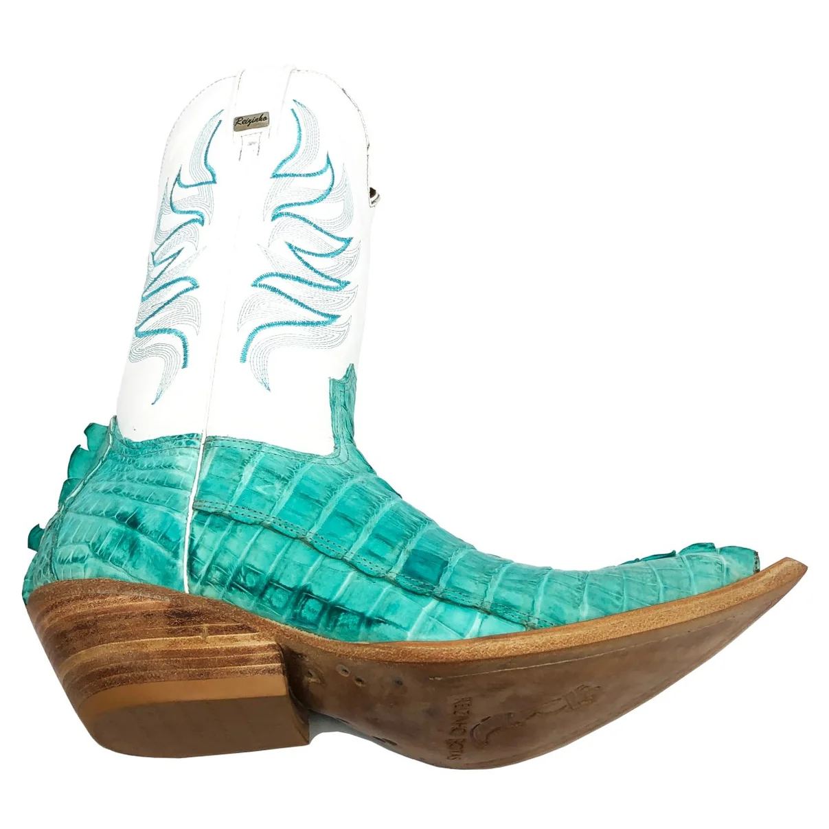 Bota Reizinho Premium De Couro De Jacaré Azul Ocean Rabo Limited Edition - Cano Alto, Bico Fino, Solado De Couro Artesan