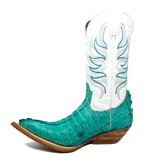 Bota Reizinho Premium De Couro De Jacaré Azul Ocean Rabo Limited Edition - Cano Alto, Bico Fino, Solado De Couro Artesanal