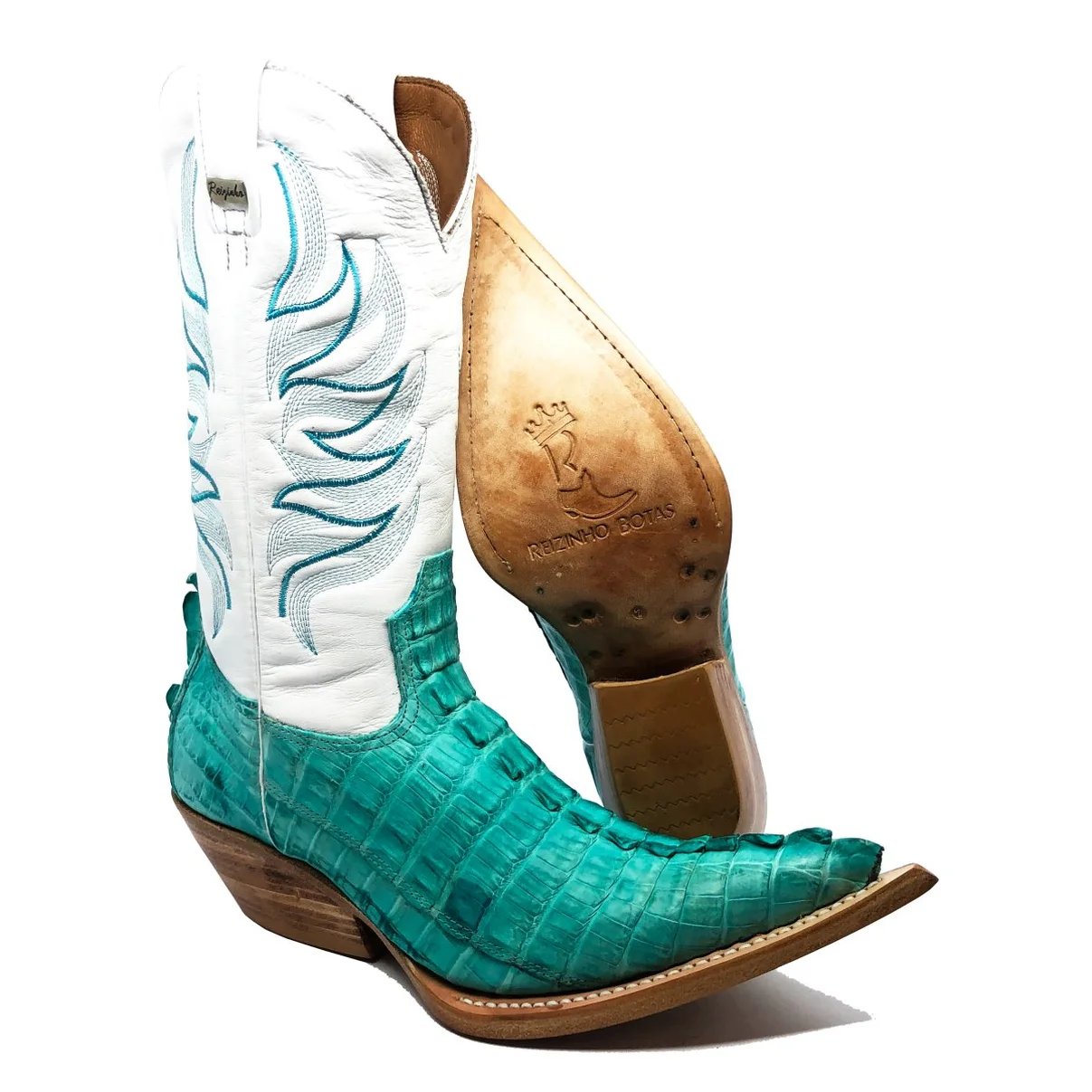 Bota Reizinho Premium De Couro De Jacaré Azul Ocean Rabo Limited Edition - Cano Alto, Bico Fino, Solado De Couro Artesan