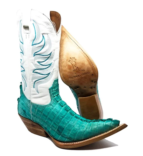 Bota Reizinho Premium De Couro De Jacaré Azul Ocean Rabo Limited Edition - Cano Alto, Bico Fino, Solado De Couro Artesanal