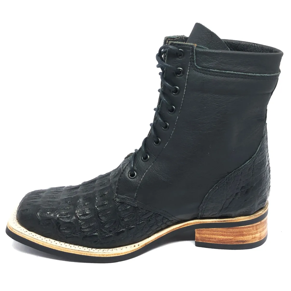Coturno de Couro de Jacaré Preto - Cano Curto, Bico Quadrado, SOLADO X-FLEX ARTESANAL