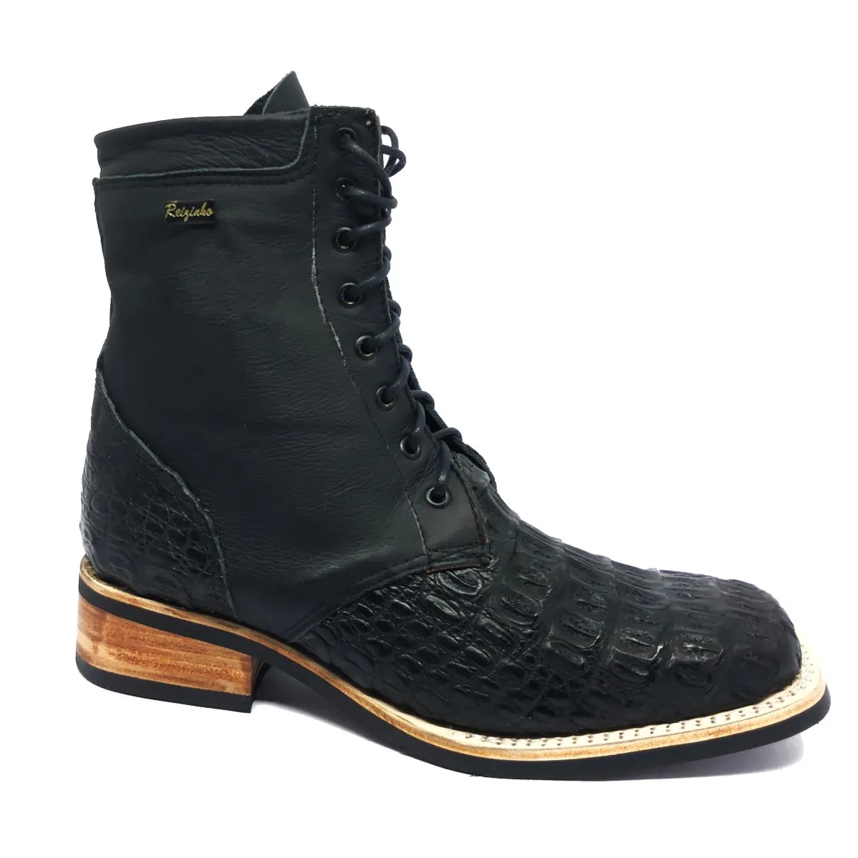 Coturno de Couro de Jacaré Preto - Cano Curto, Bico Quadrado, SOLADO X-FLEX ARTESANAL