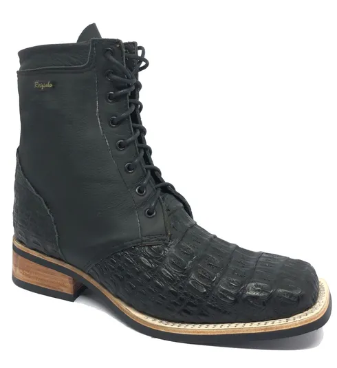 Coturno de Couro de Jacaré Preto - Cano Curto, Bico Quadrado, SOLADO X-FLEX ARTESANAL