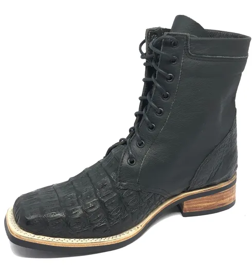 Coturno de Couro de Jacaré Preto - Cano Curto, Bico Quadrado, SOLADO X-FLEX ARTESANAL