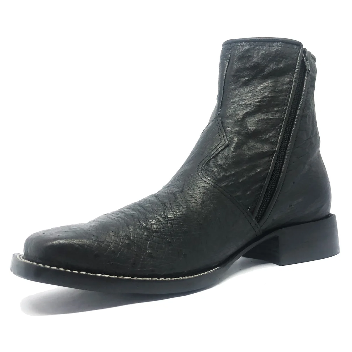 Bota Reizinho Premium Couro De Barriga De Avestruz Preta Limited Edition - Cano Curto, Bico Quadrado Solado Couro Artesa