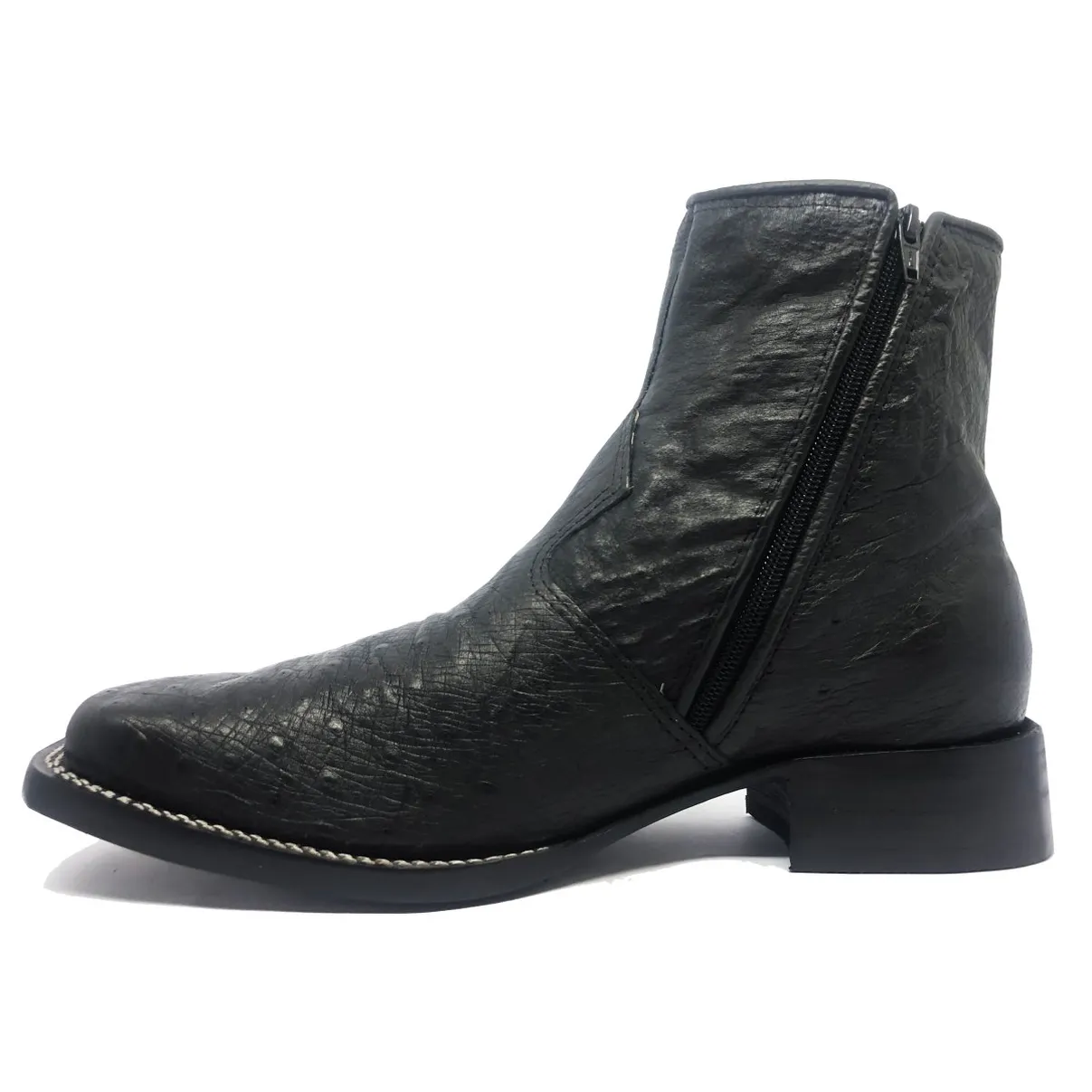Bota Reizinho Premium Couro De Barriga De Avestruz Preta Limited Edition - Cano Curto, Bico Quadrado Solado Couro Artesa