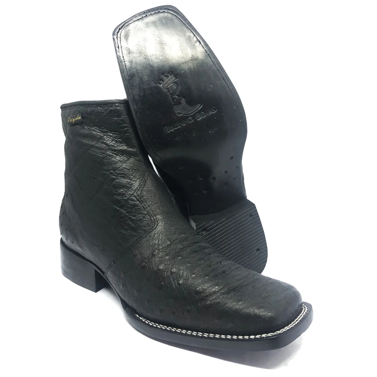Bota Reizinho Premium Couro De Barriga De Avestruz Preta Limited Edition - Cano Curto, Bico Quadrado Solado Couro Artesa