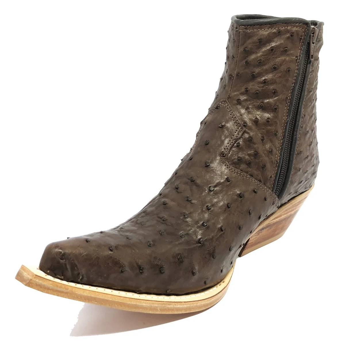 Bota Reizinho Premium Couro De Avestruz Cheio Marrom Limited Edition - Cano Curto, Bico Fino, Solado Couro Artesanal