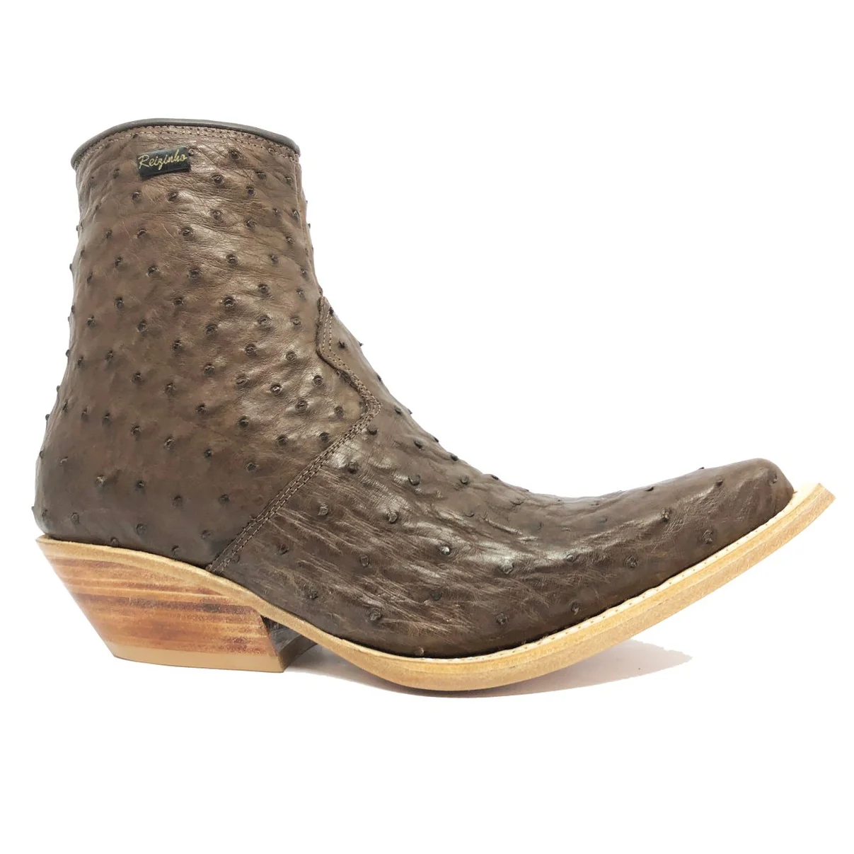 Bota Reizinho Premium Couro De Avestruz Cheio Marrom Limited Edition - Cano Curto, Bico Fino, Solado Couro Artesanal