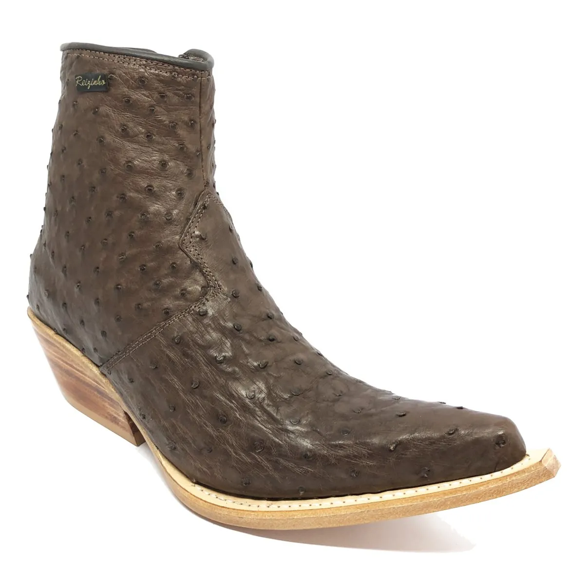Bota Reizinho Premium Couro De Avestruz Cheio Marrom Limited Edition - Cano Curto, Bico Fino, Solado Couro Artesanal