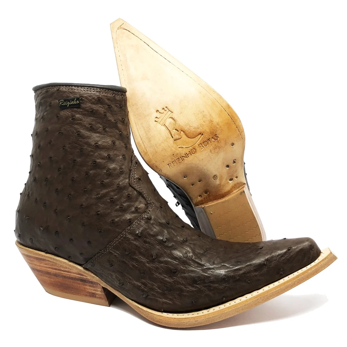 Bota Reizinho Premium Couro De Avestruz Cheio Marrom Limited Edition - Cano Curto, Bico Fino, Solado Couro Artesanal