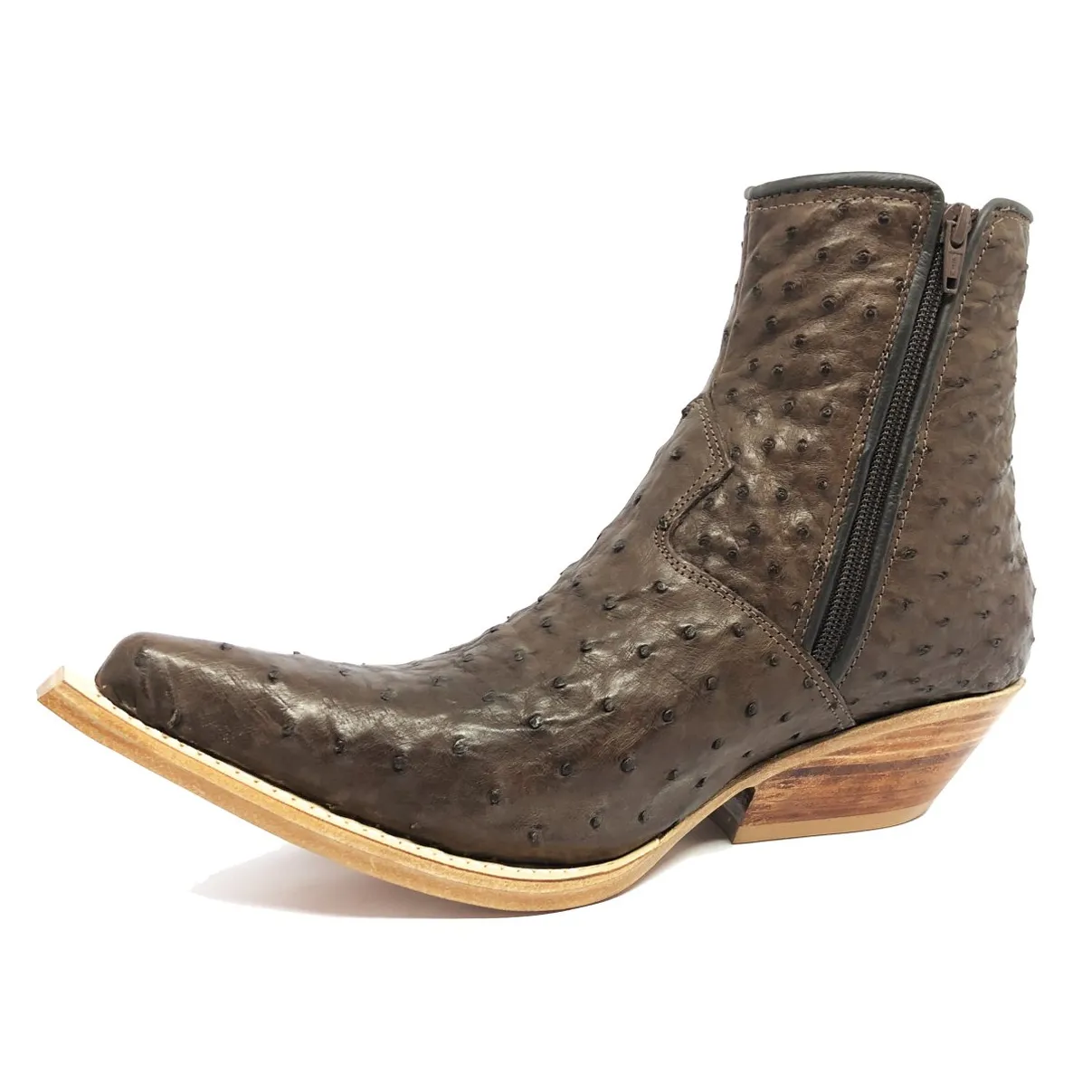 Bota Reizinho Premium Couro De Avestruz Cheio Marrom Limited Edition - Cano Curto, Bico Fino, Solado Couro Artesanal