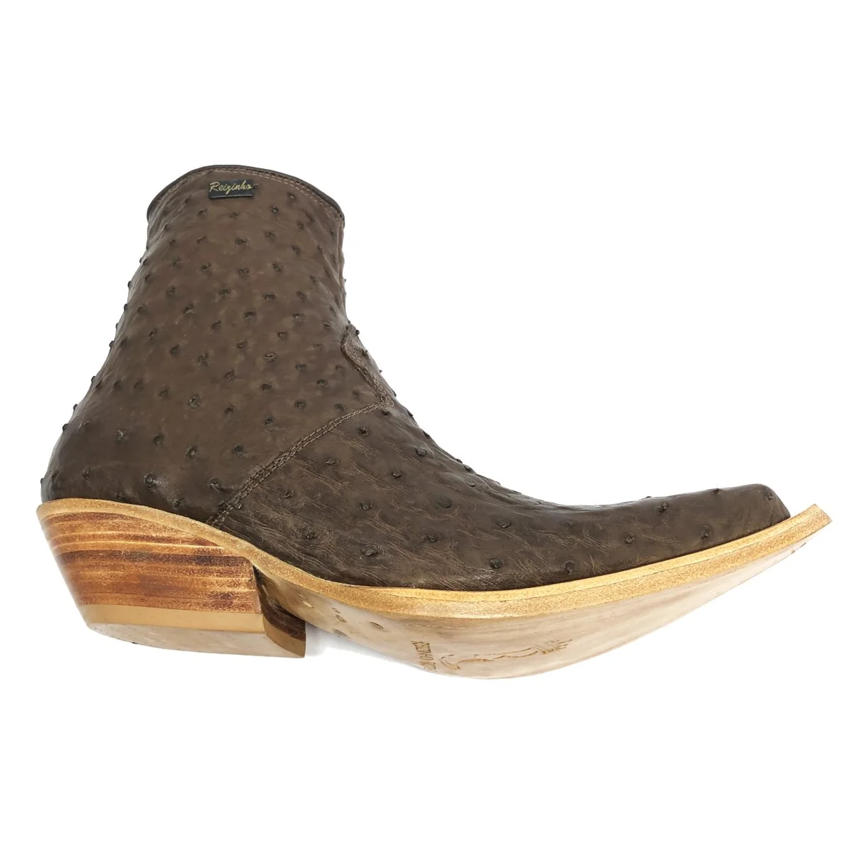 Bota Reizinho Premium Couro De Avestruz Cheio Marrom Limited Edition - Cano Curto, Bico Fino, Solado Couro Artesanal