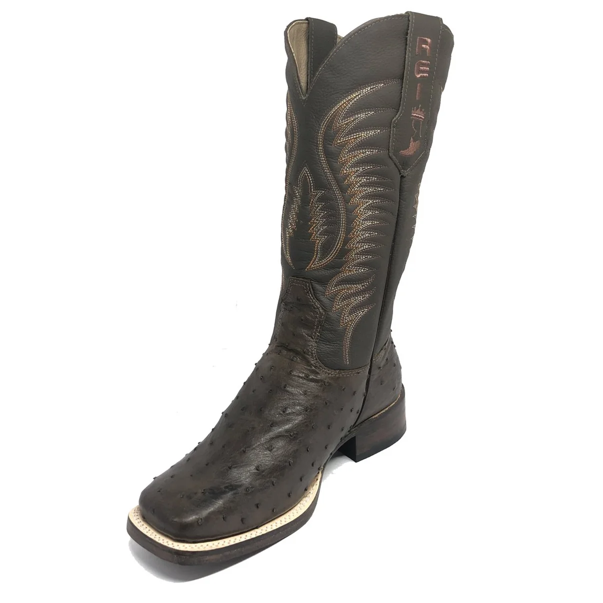 Bota Reizinho Premium Couro De Avestruz Cheio Marrom Limited Edition - Cano Alto, Bico Quadrado, Solado Couro Artesanal