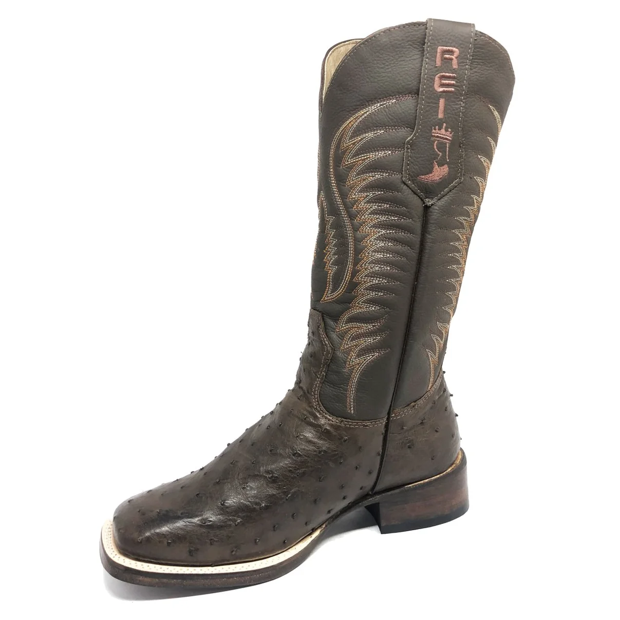 Bota Reizinho Premium Couro De Avestruz Cheio Marrom Limited Edition - Cano Alto, Bico Quadrado, Solado Couro Artesanal