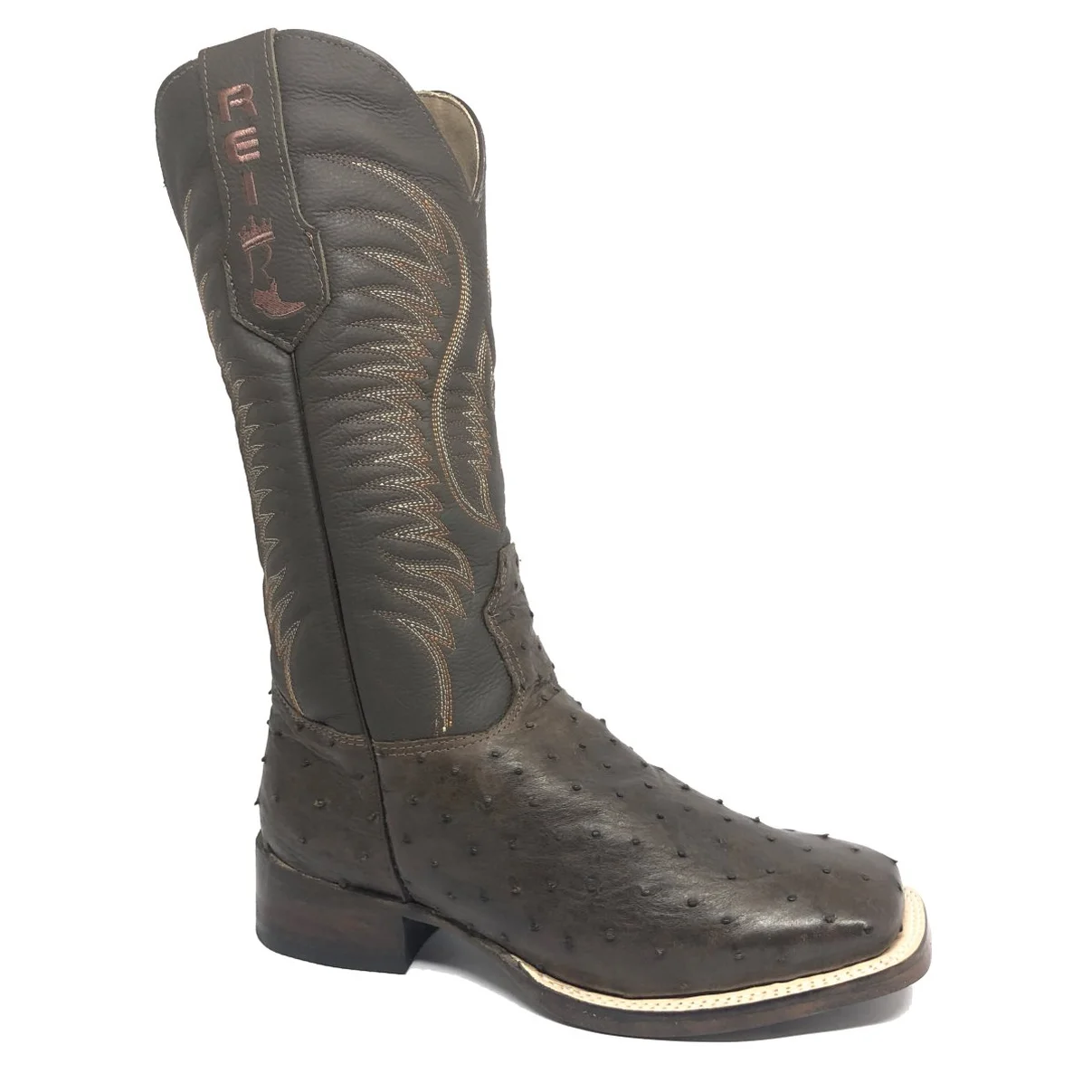 Bota Reizinho Premium Couro De Avestruz Cheio Marrom Limited Edition - Cano Alto, Bico Quadrado, Solado Couro Artesanal