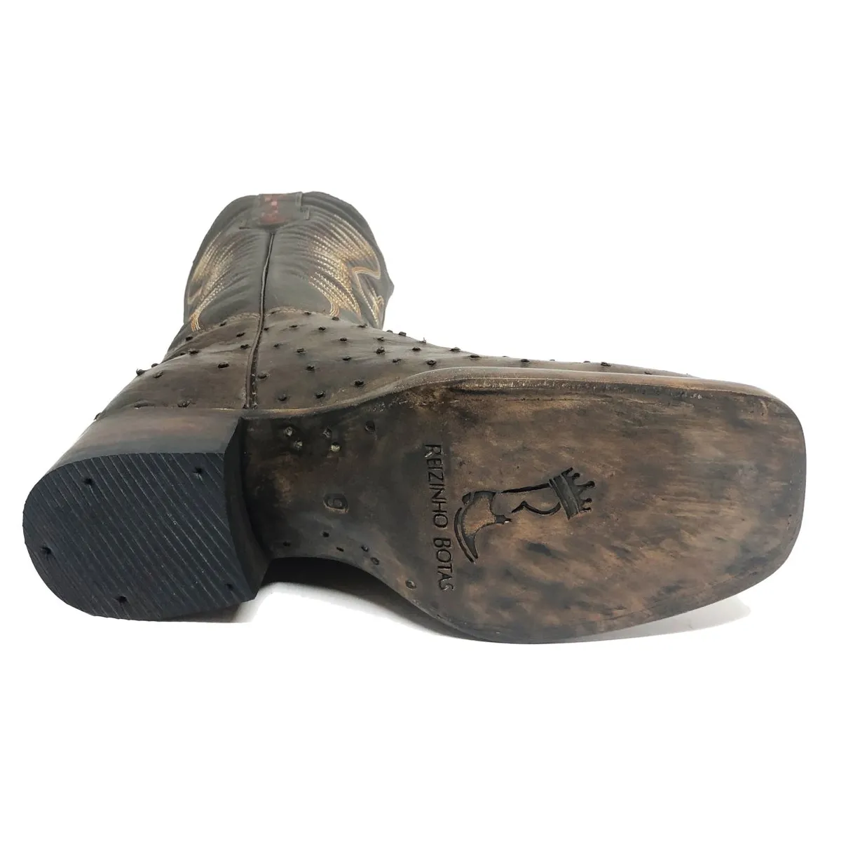 Bota Reizinho Premium Couro De Avestruz Cheio Marrom Limited Edition - Cano Alto, Bico Quadrado, Solado Couro Artesanal