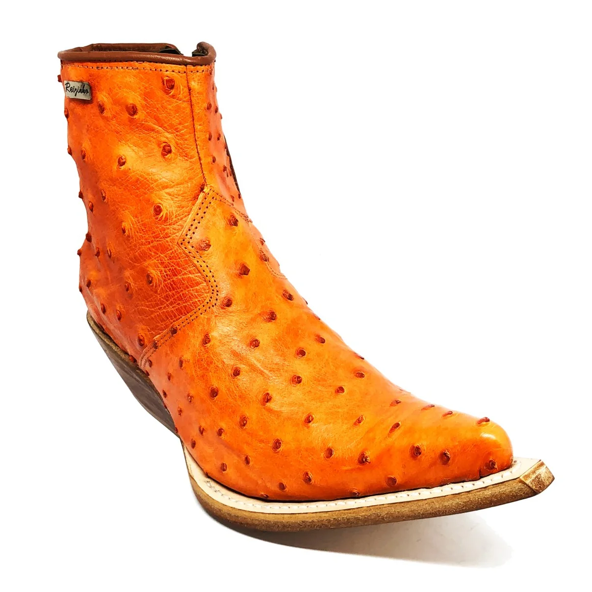 Bota Reizinho Premium Couro De Avestruz Cheio Laranja Limited Edition - Cano Curto, Bico Fino, Solado Couro Artesanal
