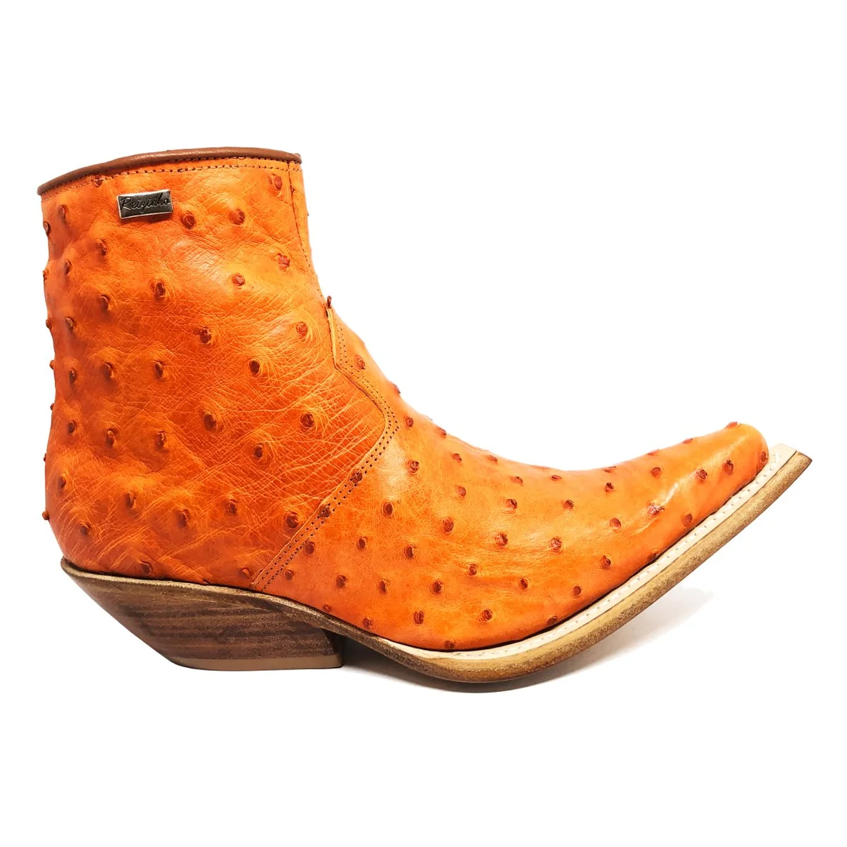 Bota Reizinho Premium Couro De Avestruz Cheio Laranja Limited Edition - Cano Curto, Bico Fino, Solado Couro Artesanal
