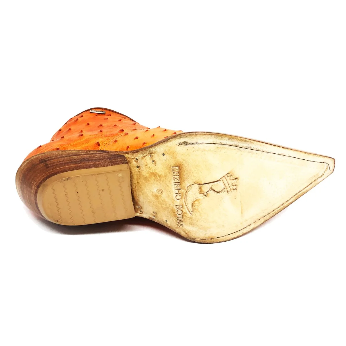 Bota Reizinho Premium Couro De Avestruz Cheio Laranja Limited Edition - Cano Curto, Bico Fino, Solado Couro Artesanal