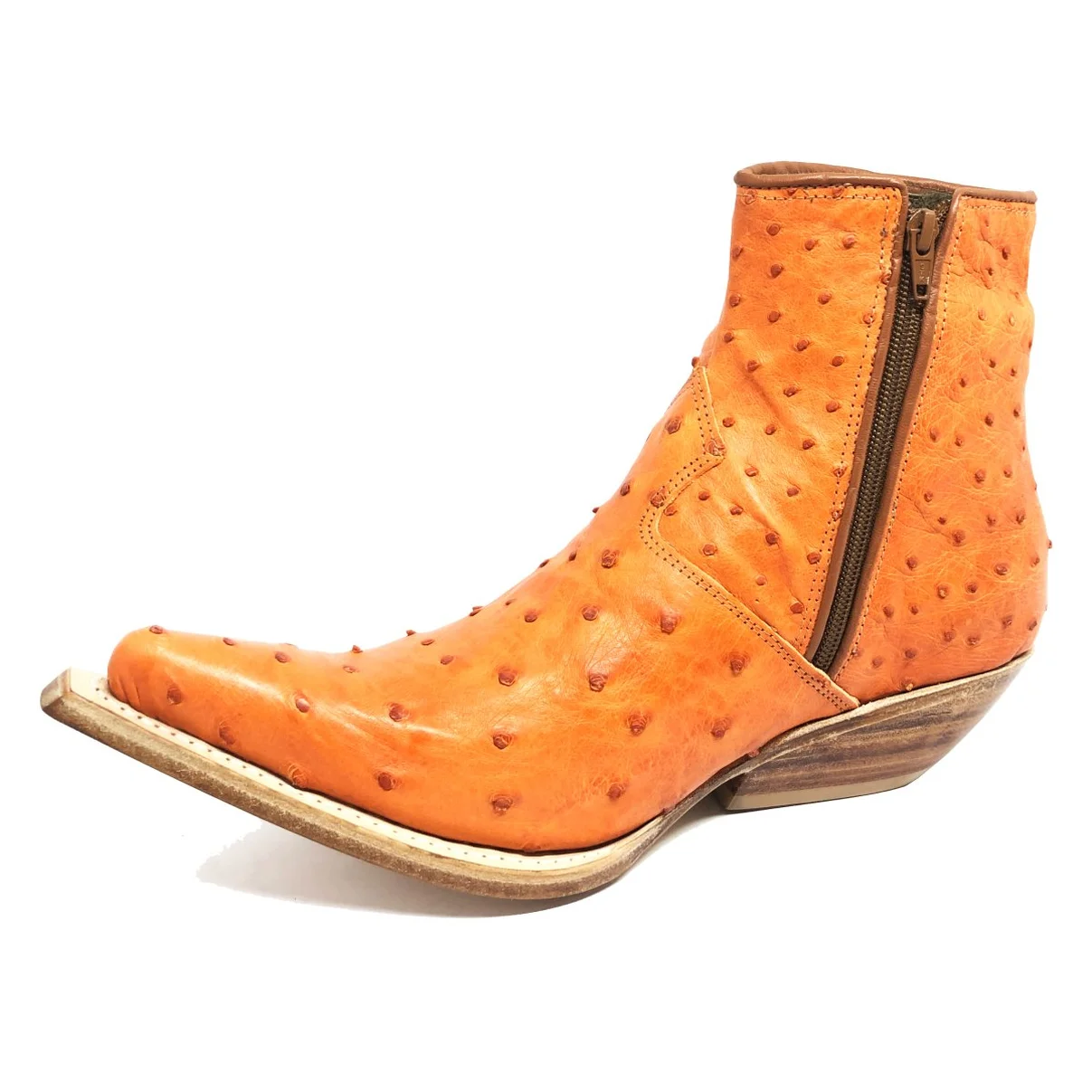 Bota Reizinho Premium Couro De Avestruz Cheio Laranja Limited Edition - Cano Curto, Bico Fino, Solado Couro Artesanal
