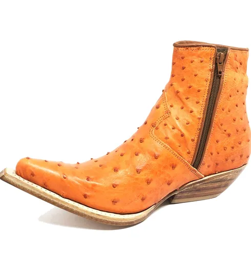Bota Texana de Couro de Avestruz Cheio Laranja | Reizinho Botas