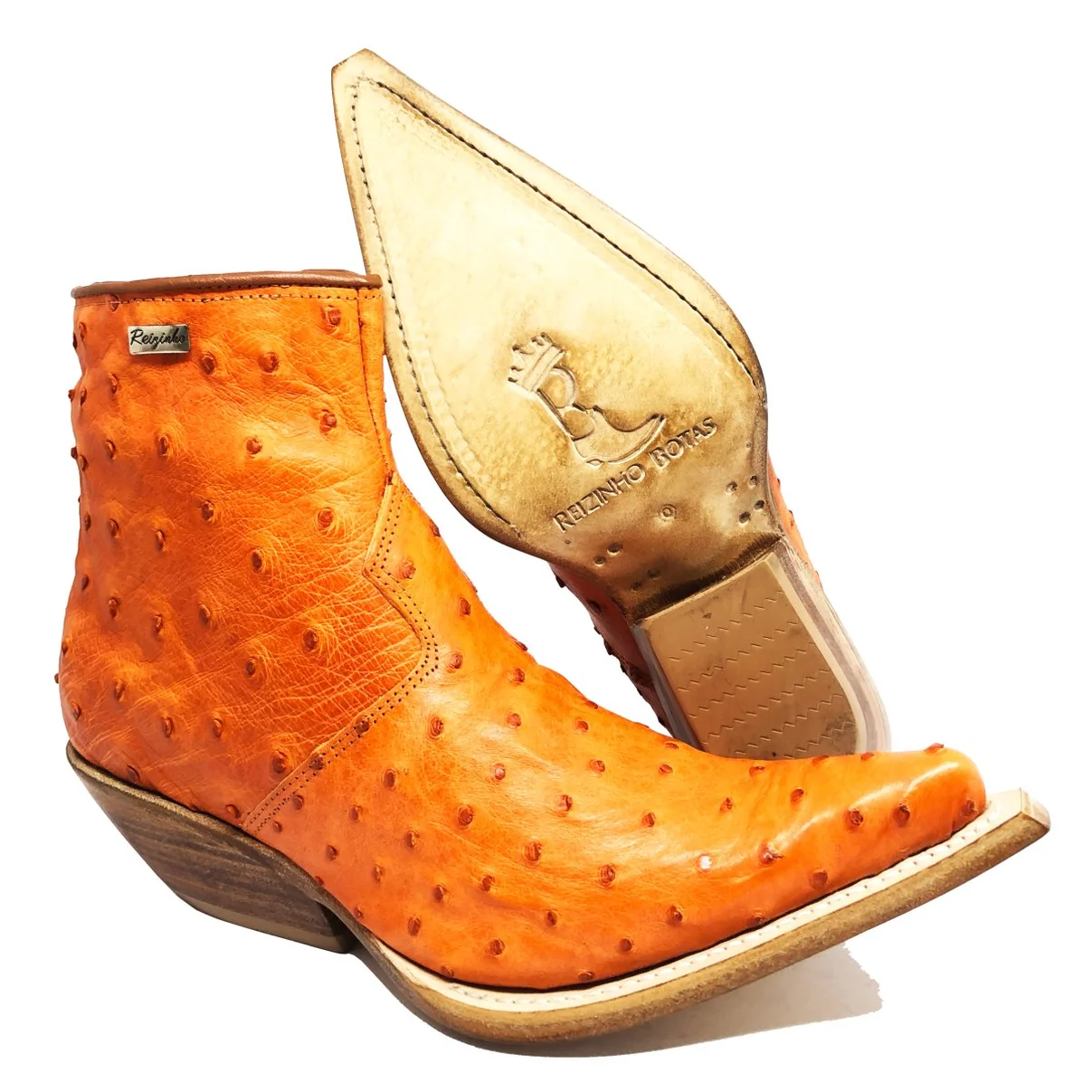 Bota Reizinho Premium Couro De Avestruz Cheio Laranja Limited Edition - Cano Curto, Bico Fino, Solado Couro Artesanal