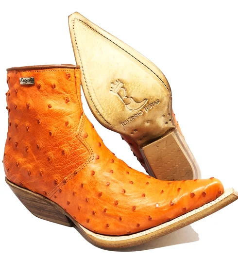 Bota Texana de Couro de Avestruz Cheio Laranja | Reizinho Botas