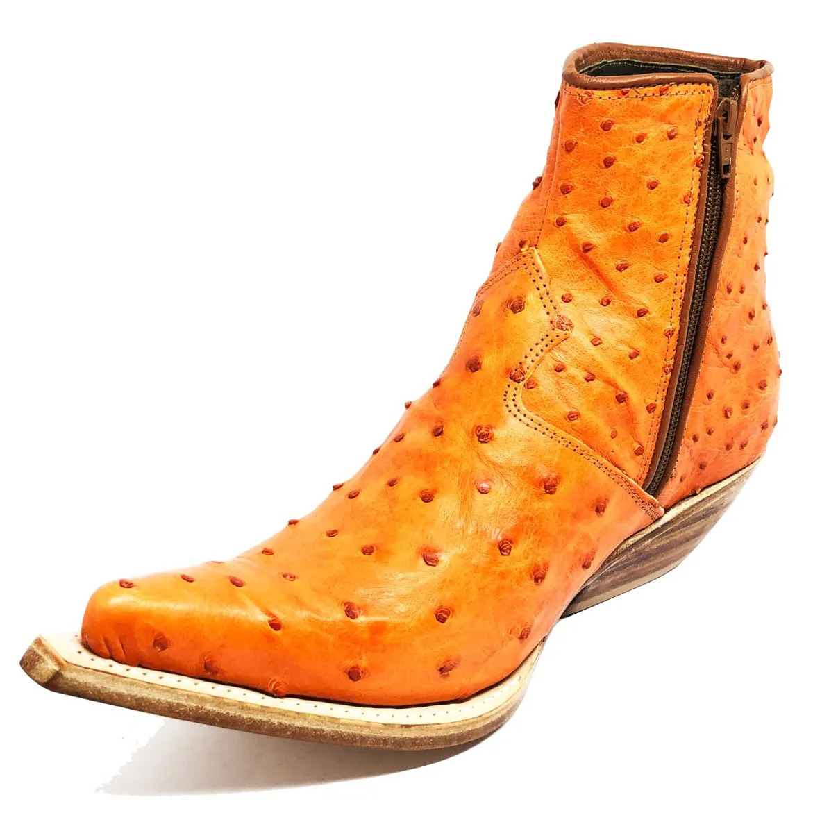 Bota Reizinho Premium Couro De Avestruz Cheio Laranja Limited Edition - Cano Curto, Bico Fino, Solado Couro Artesanal