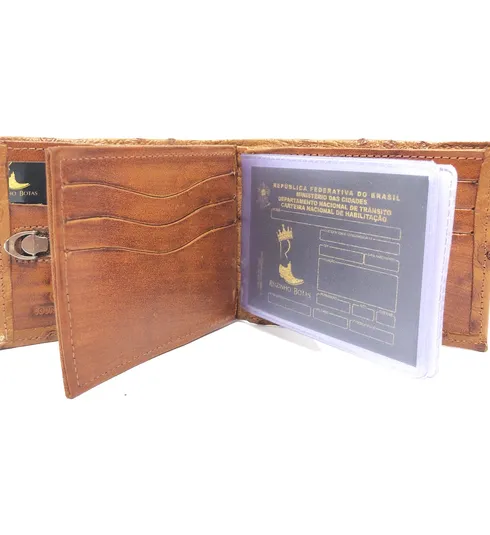 Carteira Compact De Couro Legítimo De Avestruz Cheio Cor Conhaque