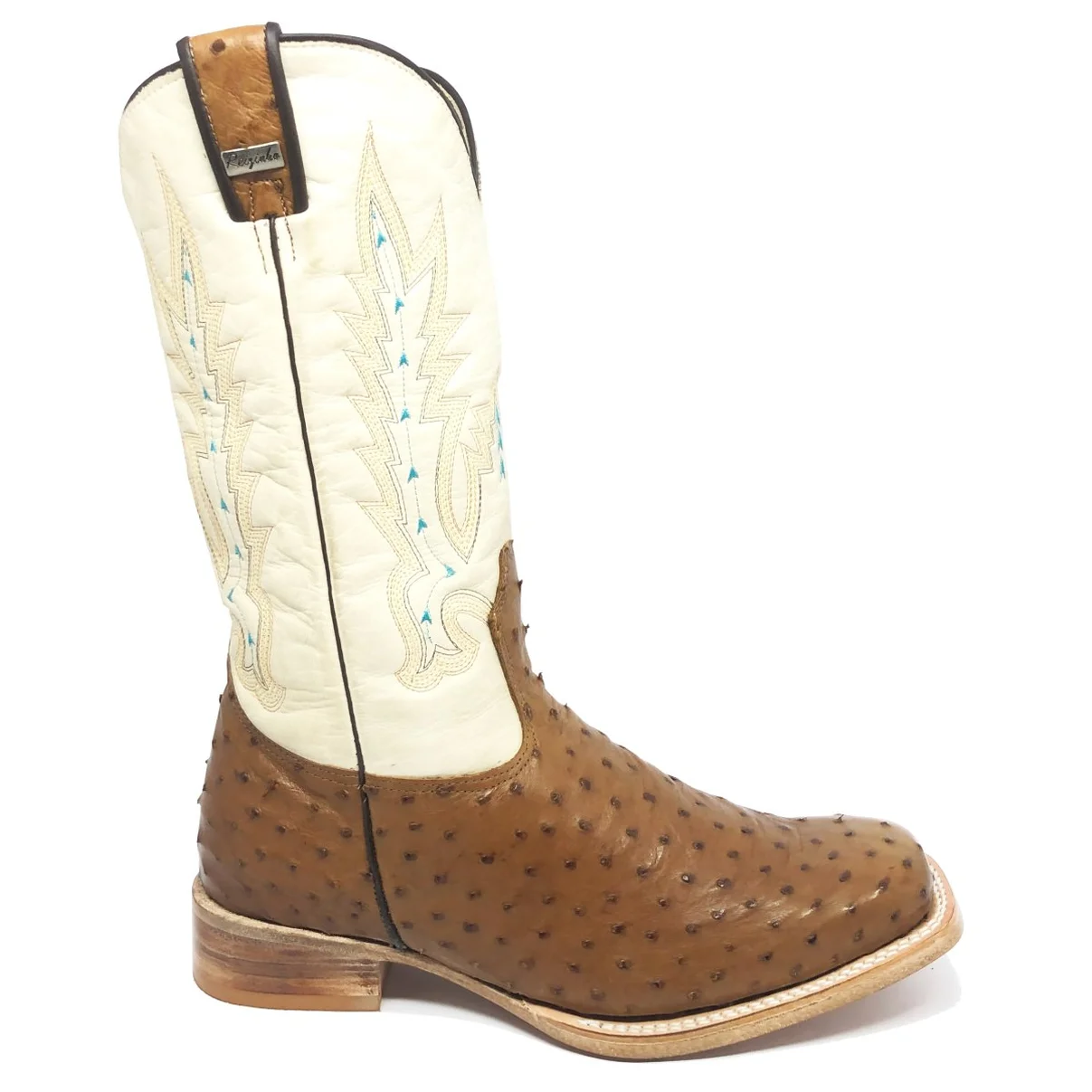 Bota Reizinho Premium Couro De Avestruz Conhaque Limited Edition - Cano Alto, Bico Quadrado, Solado Couro Artesanal