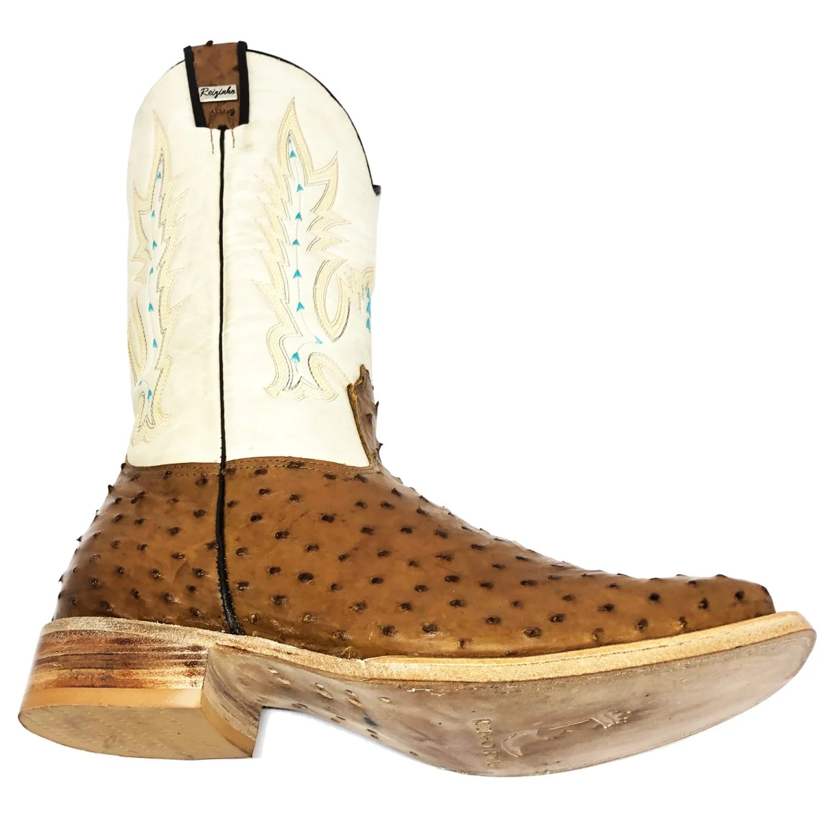 Bota Reizinho Premium Couro De Avestruz Conhaque Limited Edition - Cano Alto, Bico Quadrado, Solado Couro Artesanal