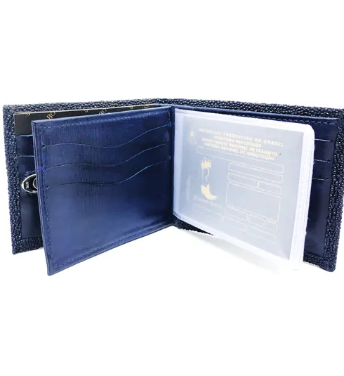 Carteira Compact De Couro Legítimo De Arraia Na Cor Azul Marinho