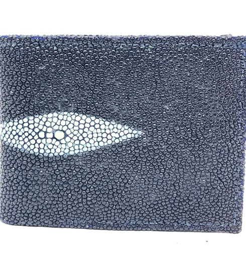 Carteira Compact De Couro Legítimo De Arraia Na Cor Azul Marinho
