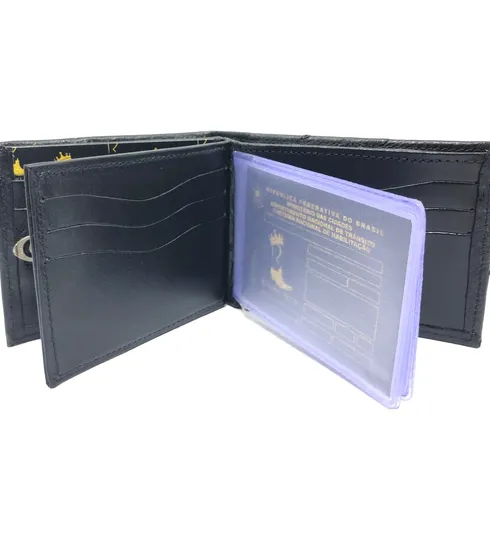 Carteira Compact De Couro Legítimo De Avestruz Na Cor Preta
