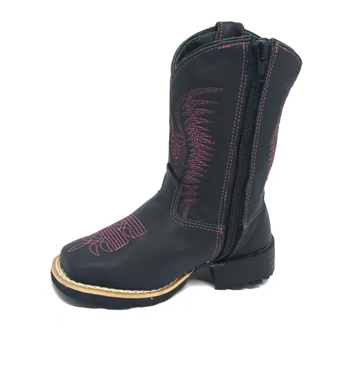 Bota Infantil de Couro Bovino Preto - Cano Alto, Bico Quadrado, Solado Flex Comfort