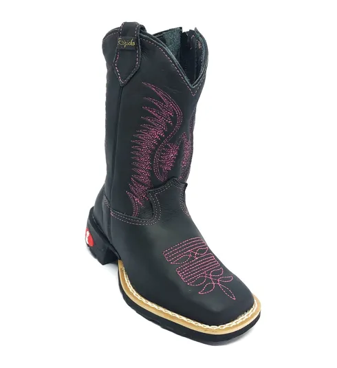 Bota Infantil de Couro Bovino Preto - Cano Alto, Bico Quadrado, Solado Flex Comfort