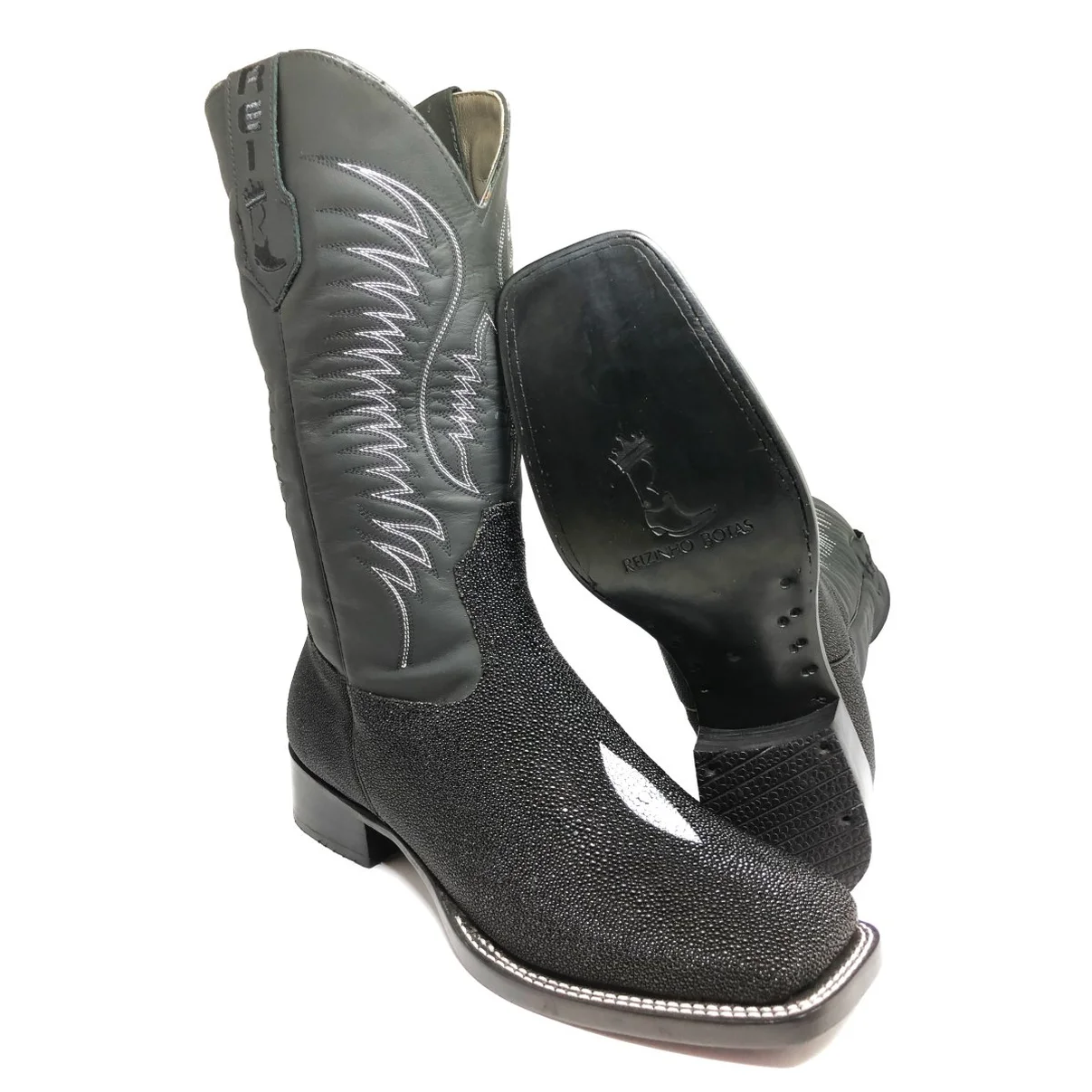 Bota Reizinho Premium Couro De Arraia Preta Limited Edition - Cano Alto, Bico Quadrado, Solado De Couro Artesanal