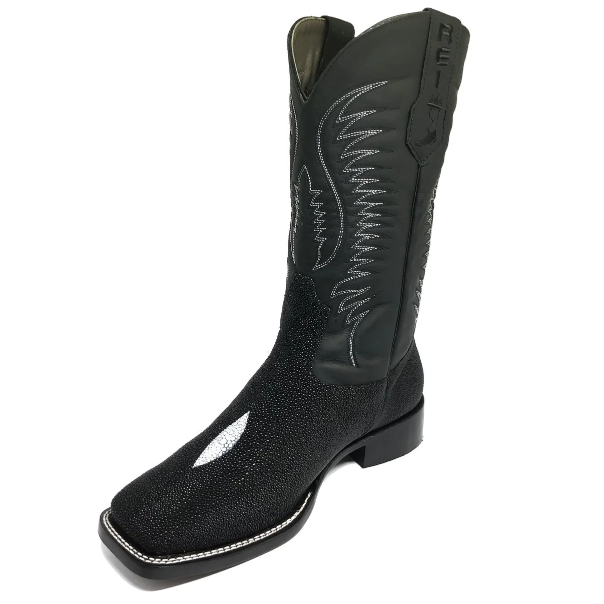 Bota Reizinho Premium Couro De Arraia Preta Limited Edition - Cano Alto, Bico Quadrado, Solado De Couro Artesanal