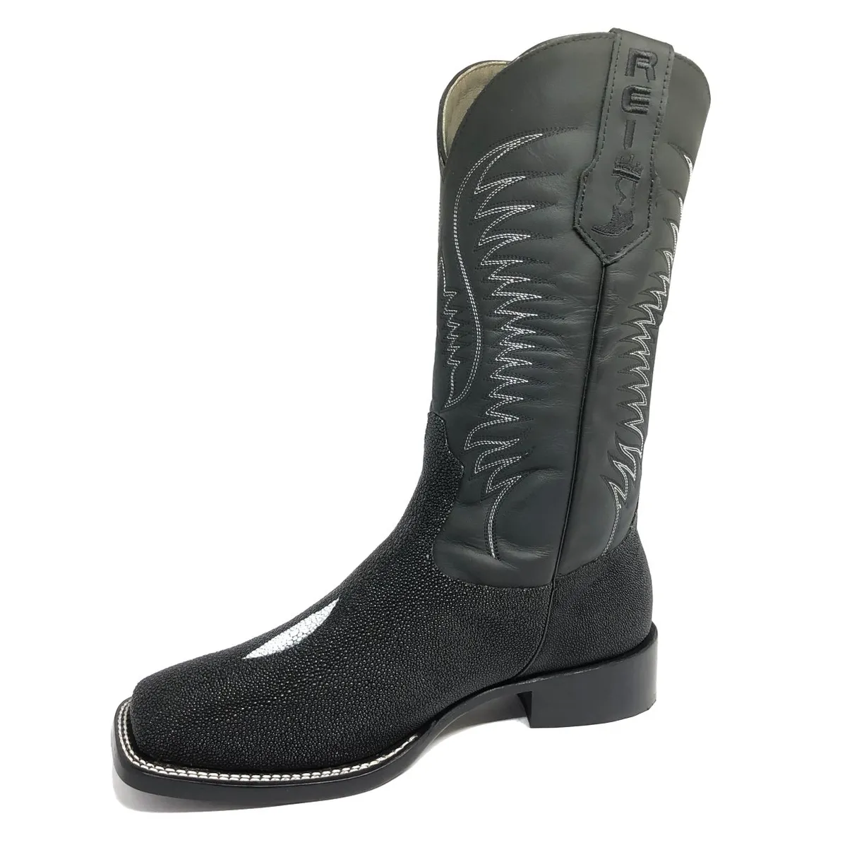 Bota Reizinho Premium Couro De Arraia Preta Limited Edition - Cano Alto, Bico Quadrado, Solado De Couro Artesanal