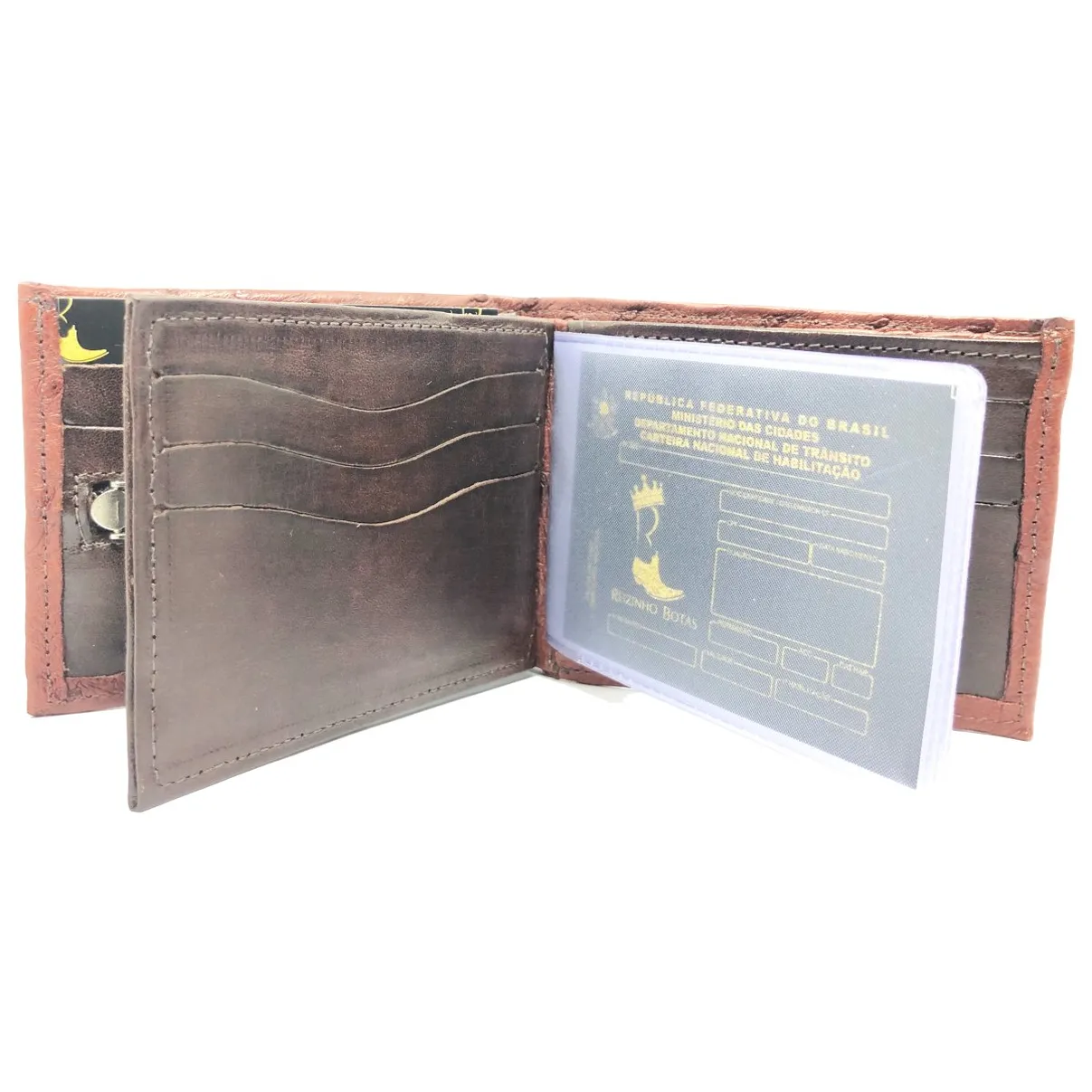 Carteira Compact De Couro Legítimo De Avestruz Cheio Cor Pinhão
