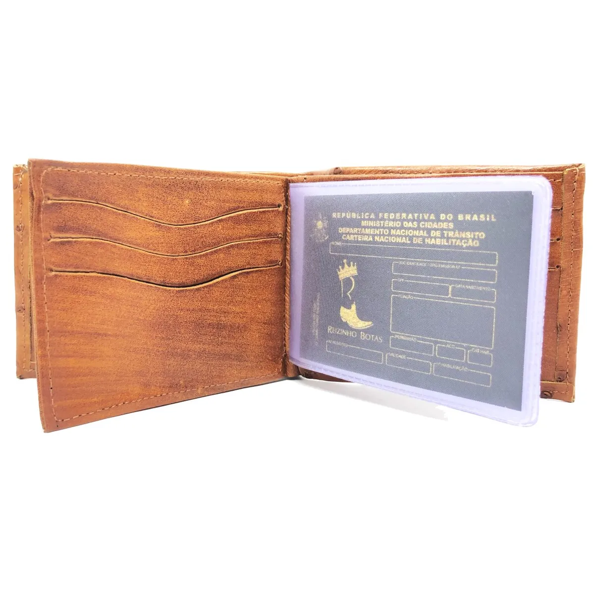 Carteira Compact De Couro Legitimo De Avestruz Cheio Na Cor Conhaque