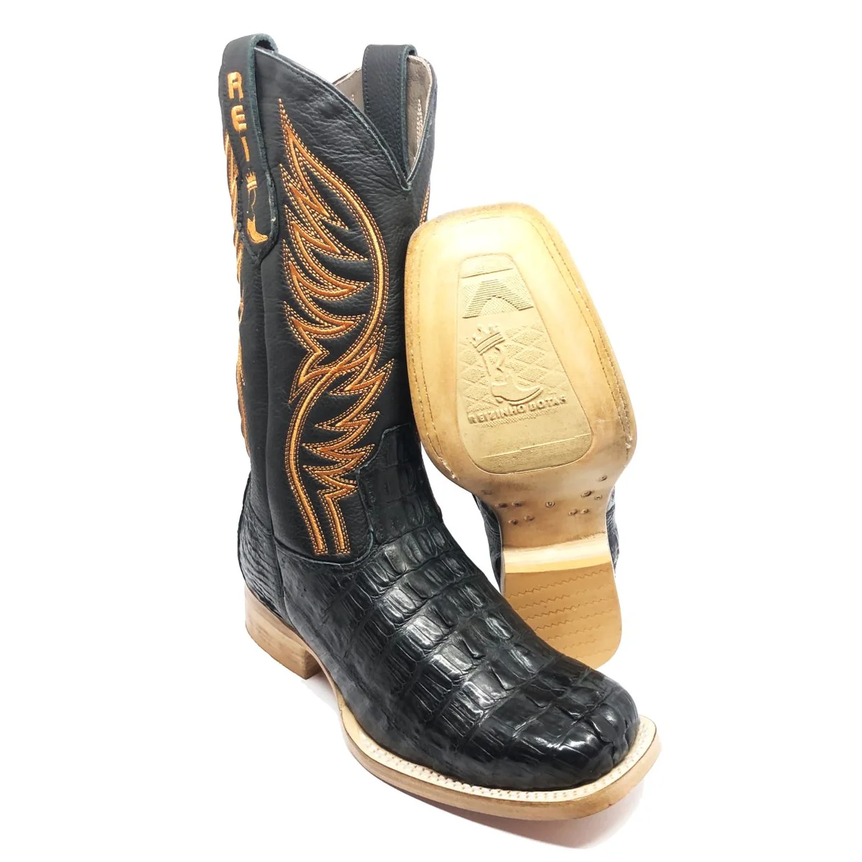 Bota Reizinho Premium Couro Jacaré Preto Rabo Limited Edition - Cano Alto, Bico Quadrado, Solado Couro Artesanal Injetad