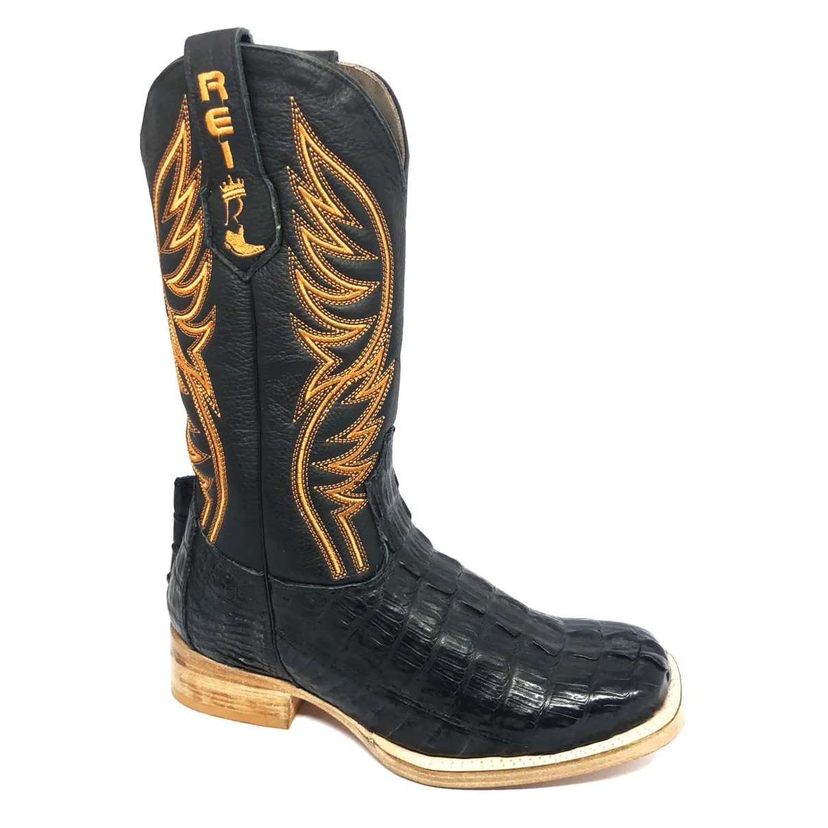 Bota Reizinho Premium Couro Jacaré Preto Rabo Limited Edition - Cano Alto, Bico Quadrado, Solado Couro Artesanal Injetad