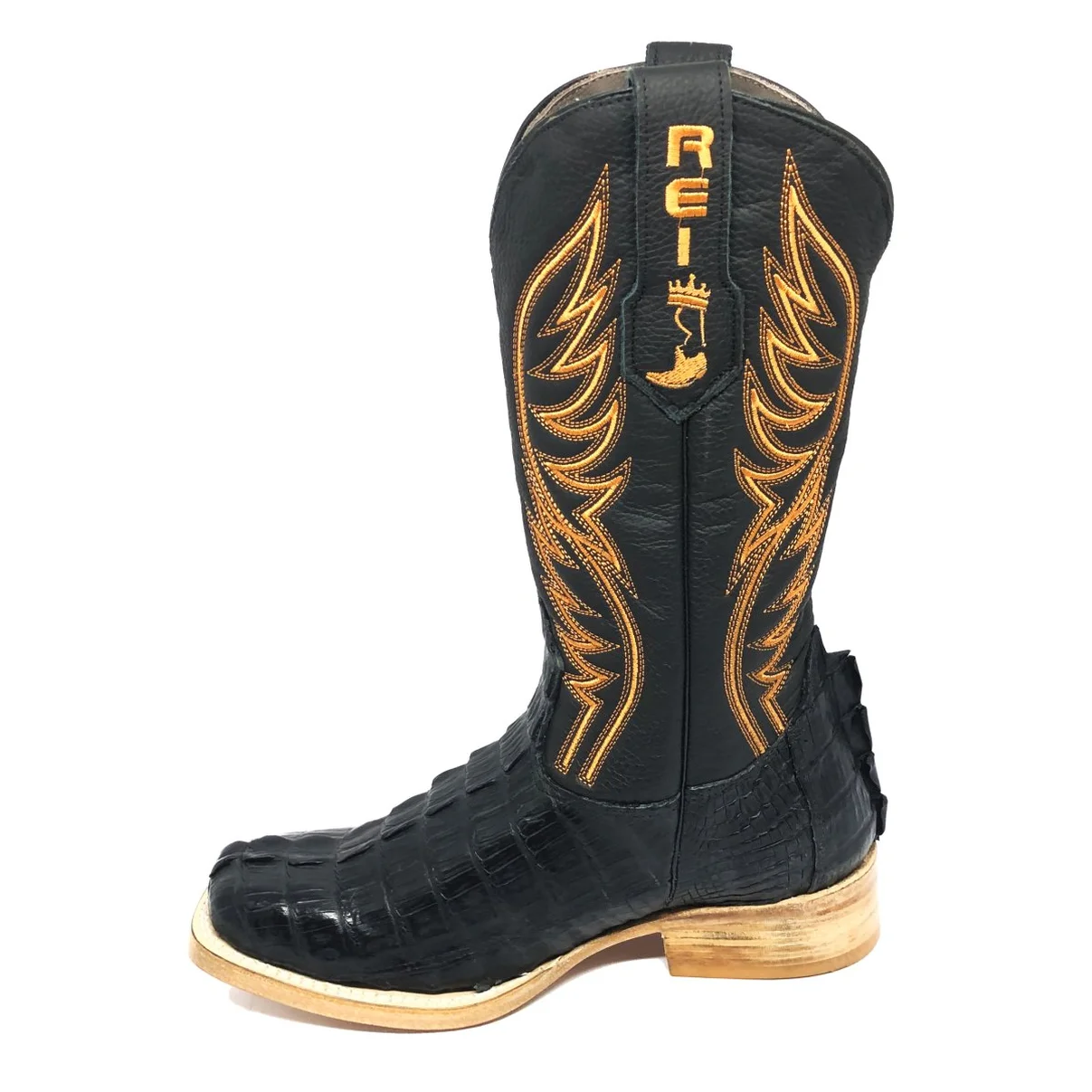 Bota Reizinho Premium Couro Jacaré Preto Rabo Limited Edition - Cano Alto, Bico Quadrado, Solado Couro Artesanal Injetad