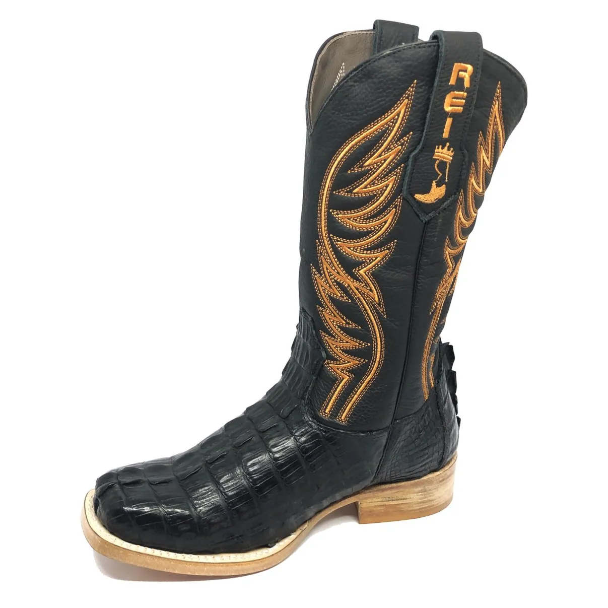Bota Reizinho Premium Couro Jacaré Preto Rabo Limited Edition - Cano Alto, Bico Quadrado, Solado Couro Artesanal Injetad