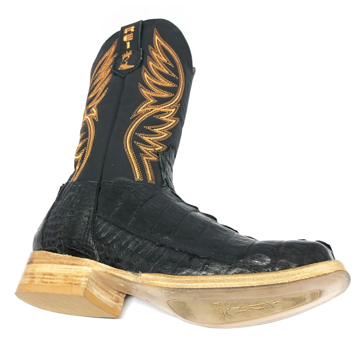 Bota Reizinho Premium Couro Jacaré Preto Rabo Limited Edition - Cano Alto, Bico Quadrado, Solado Couro Artesanal Injetad