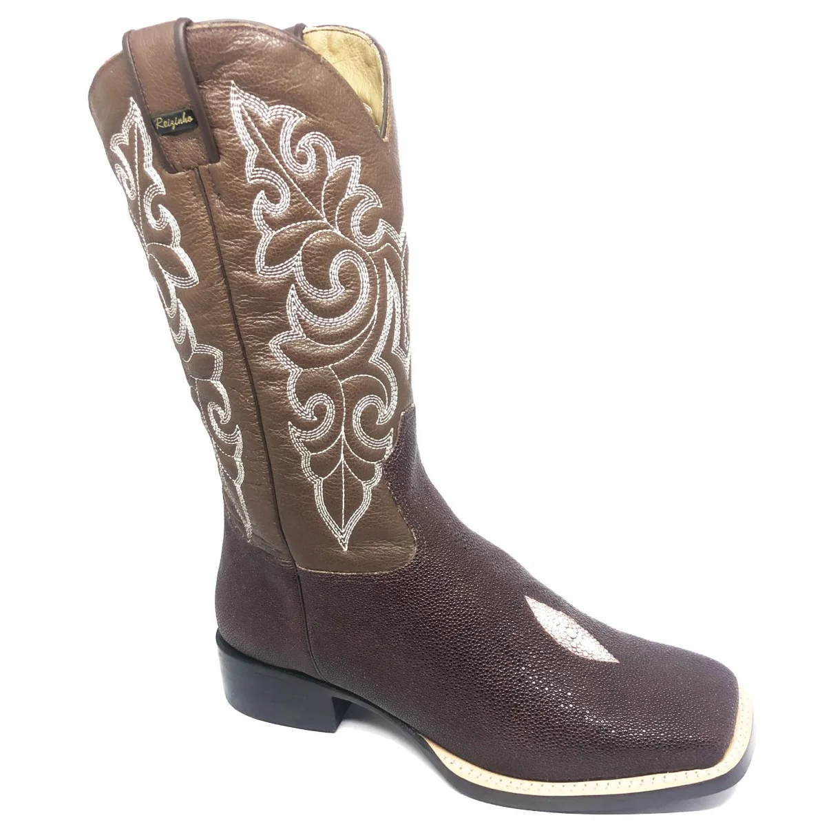 Bota Reizinho Premium Couro De Arraia Café Limited Edition - Cano Alto, Bico Quadrado, Solado Couro Artesanal