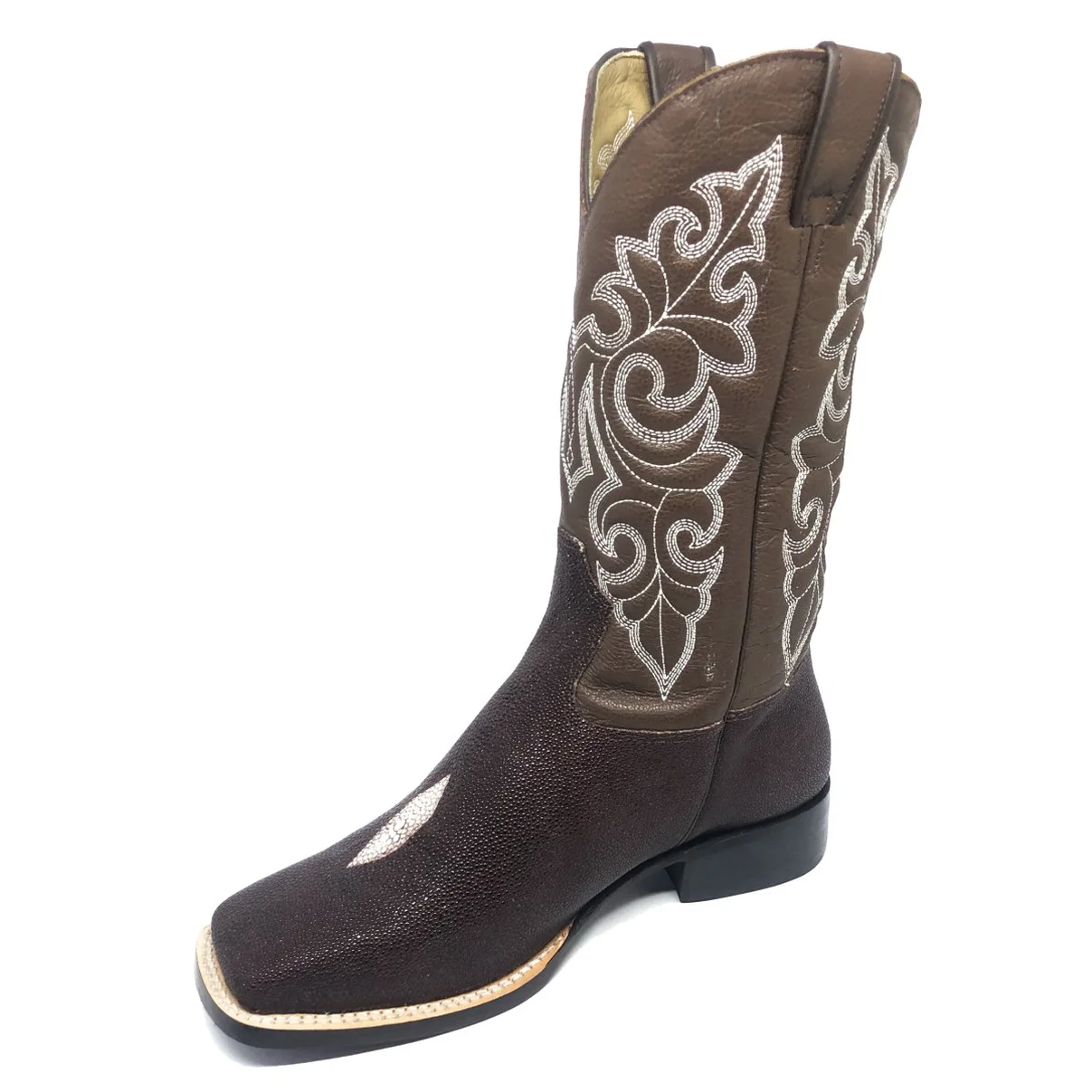 Bota Reizinho Premium Couro De Arraia Café Limited Edition - Cano Alto, Bico Quadrado, Solado Couro Artesanal